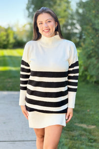Striped Knit Sweater Dress - Black