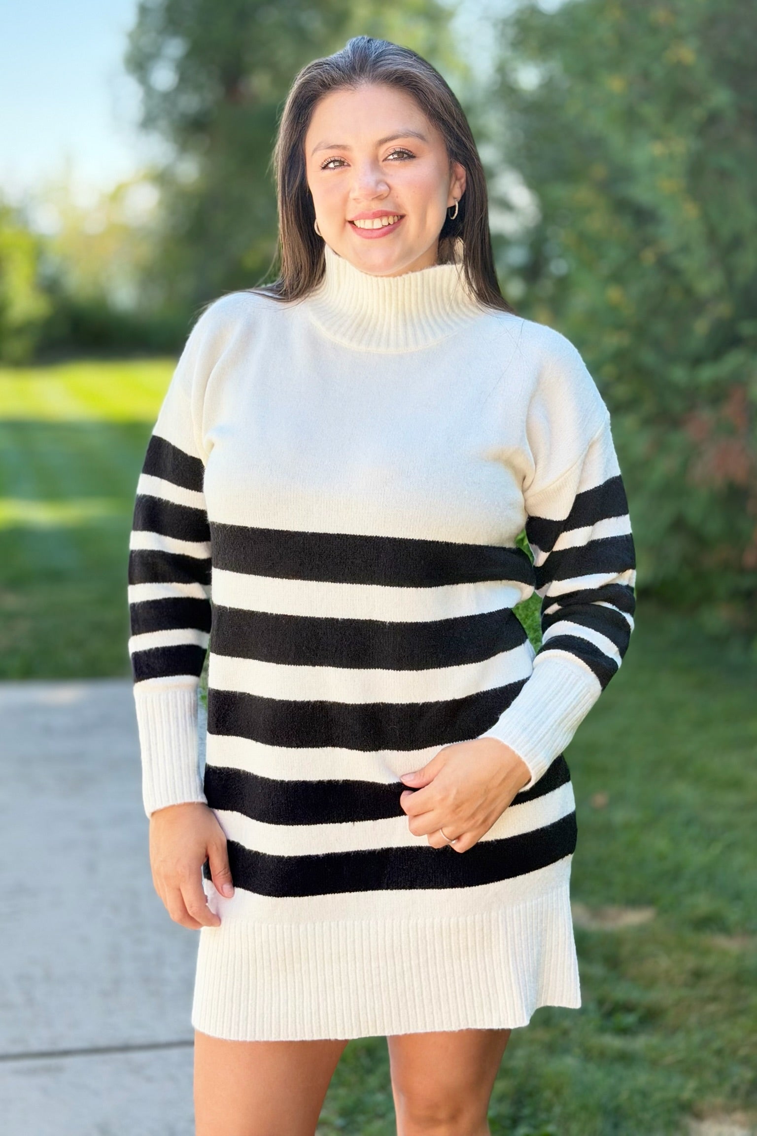 Striped Knit Sweater Dress - Black