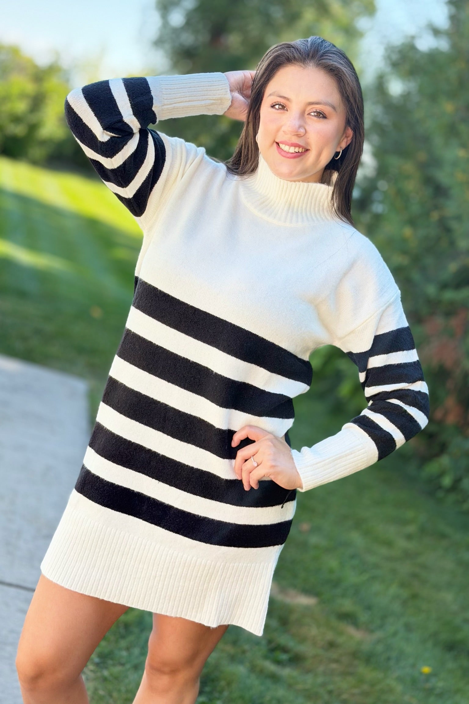 Striped Knit Sweater Dress - Black