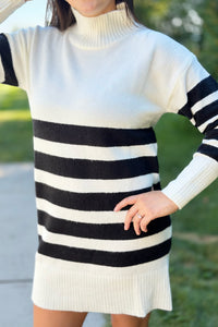 Striped Knit Sweater Dress - Black
