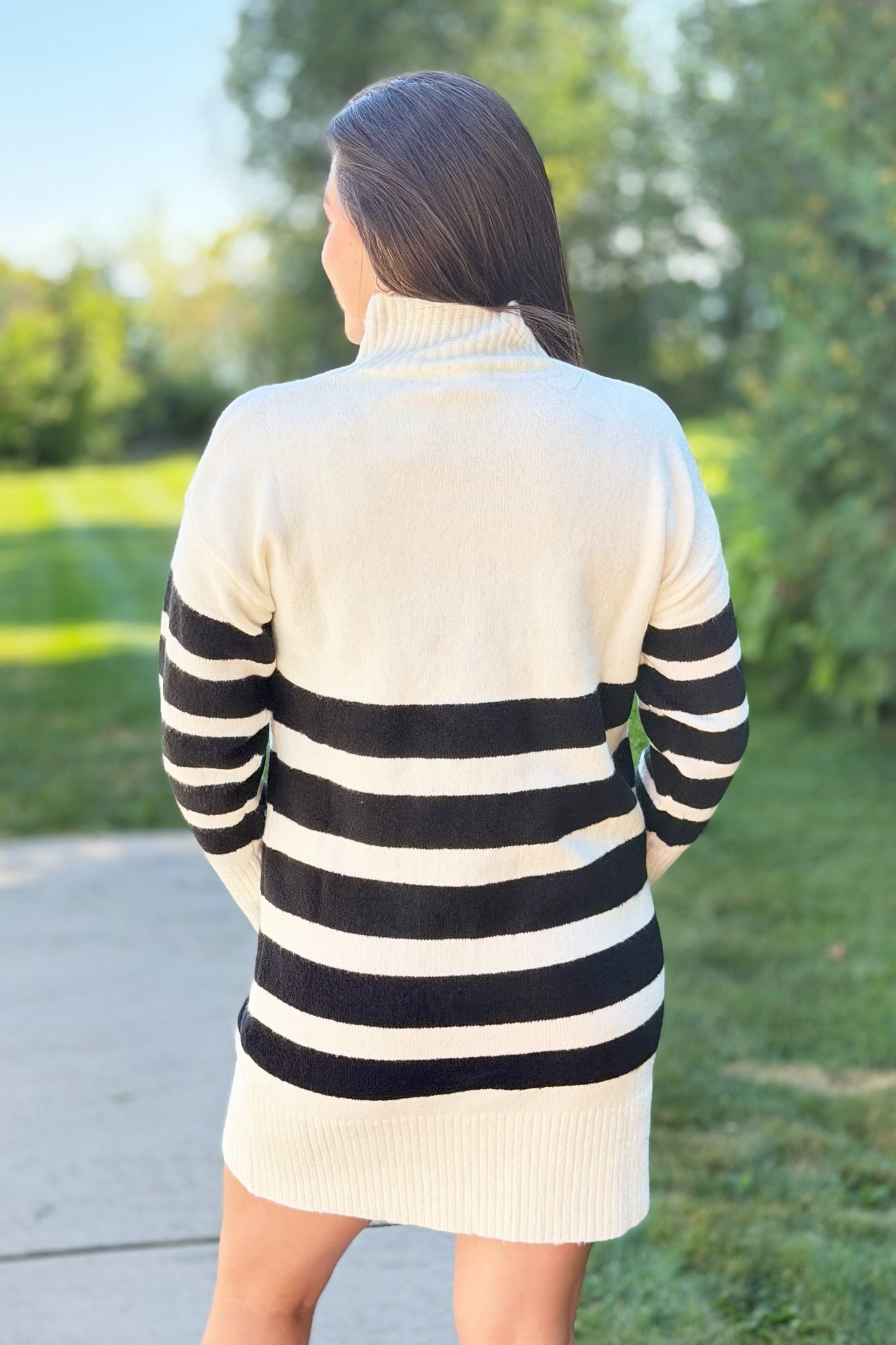 Striped Knit Sweater Dress - Black