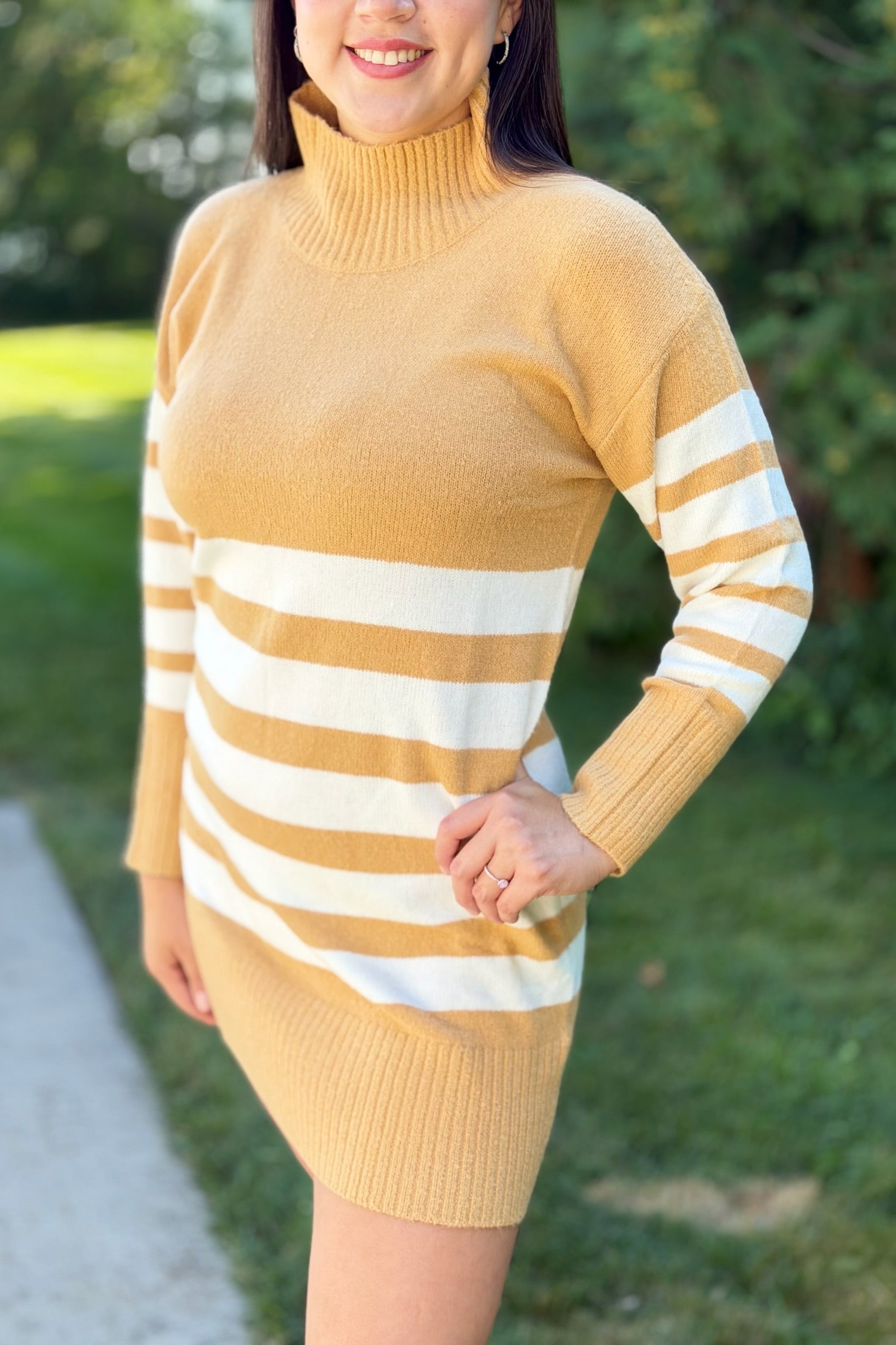 Striped Knit Sweater Dress - Tan