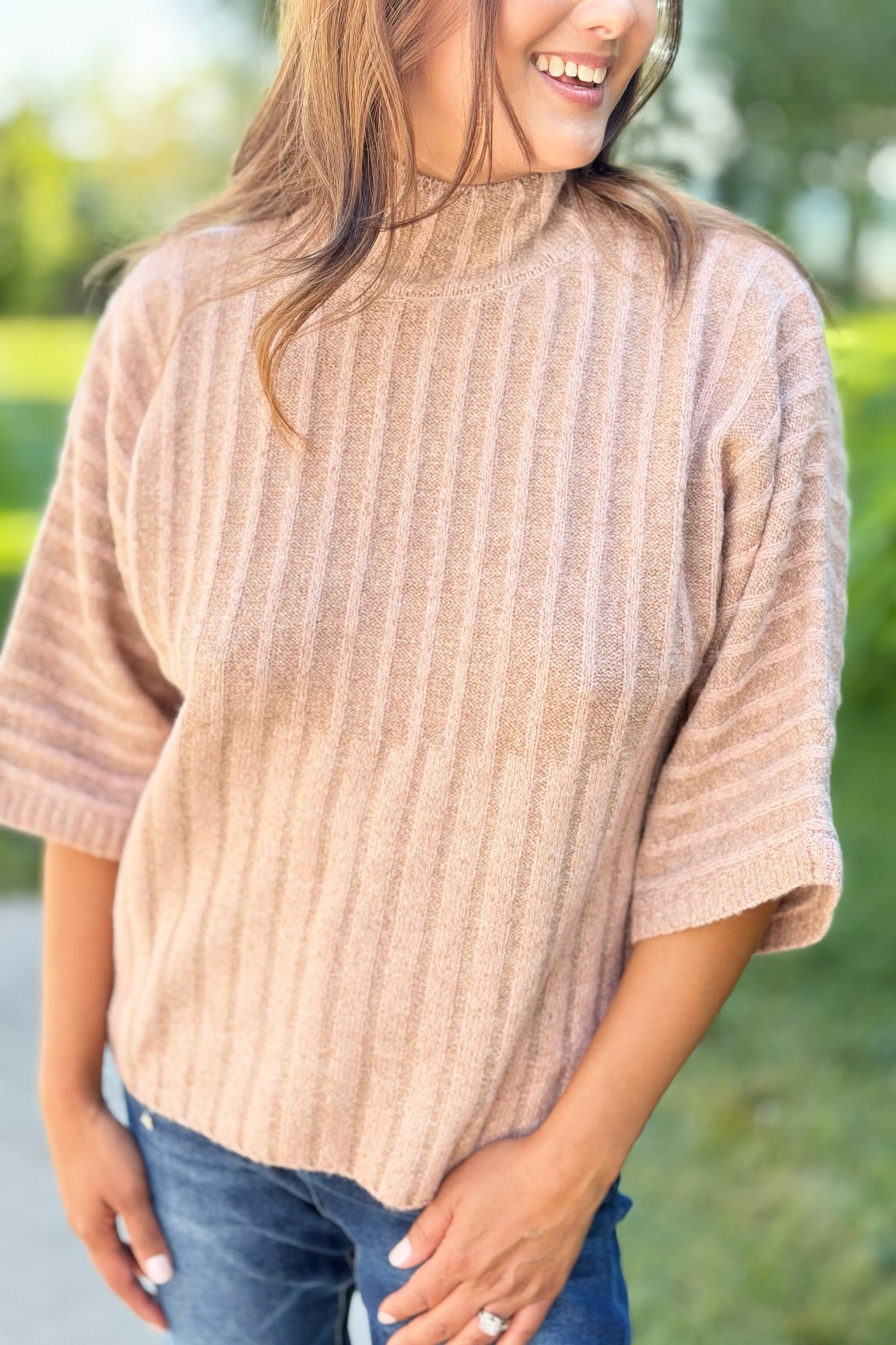 Ribbed Mock Neck Sweater - Blush