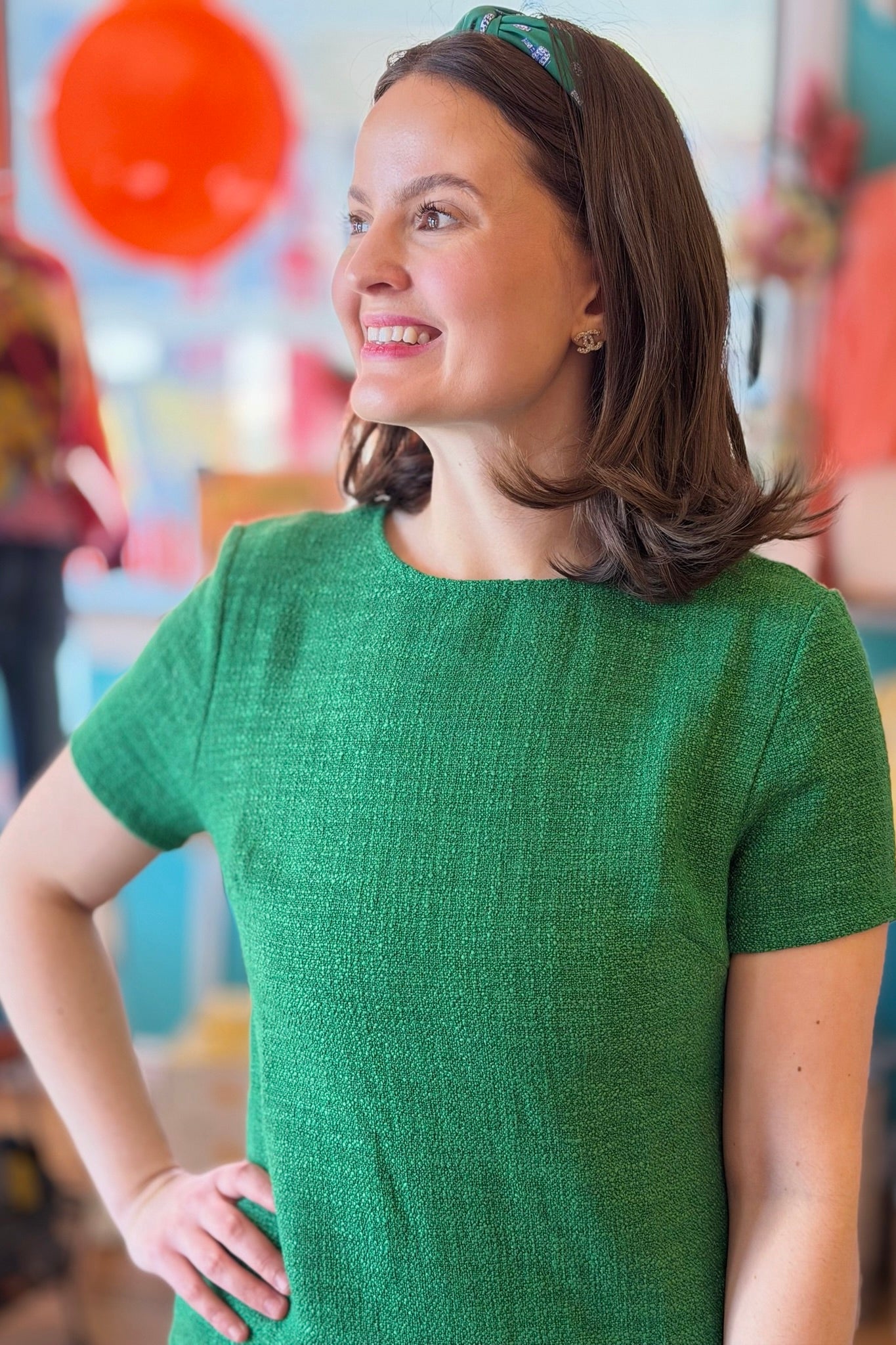 Short Sleeve Tweed Dress - Green