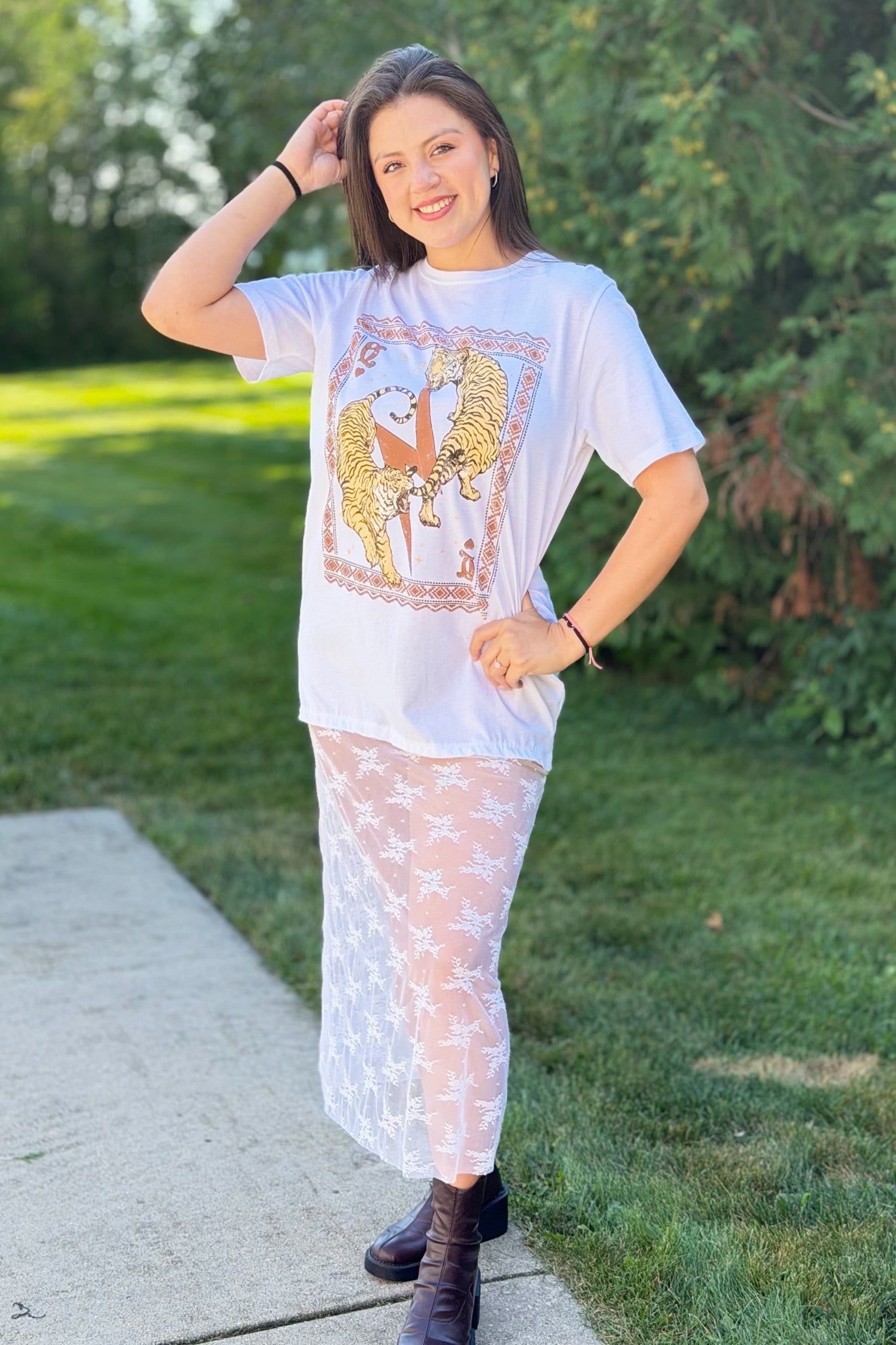 Vintage Tigers Lace Tee Dress - White