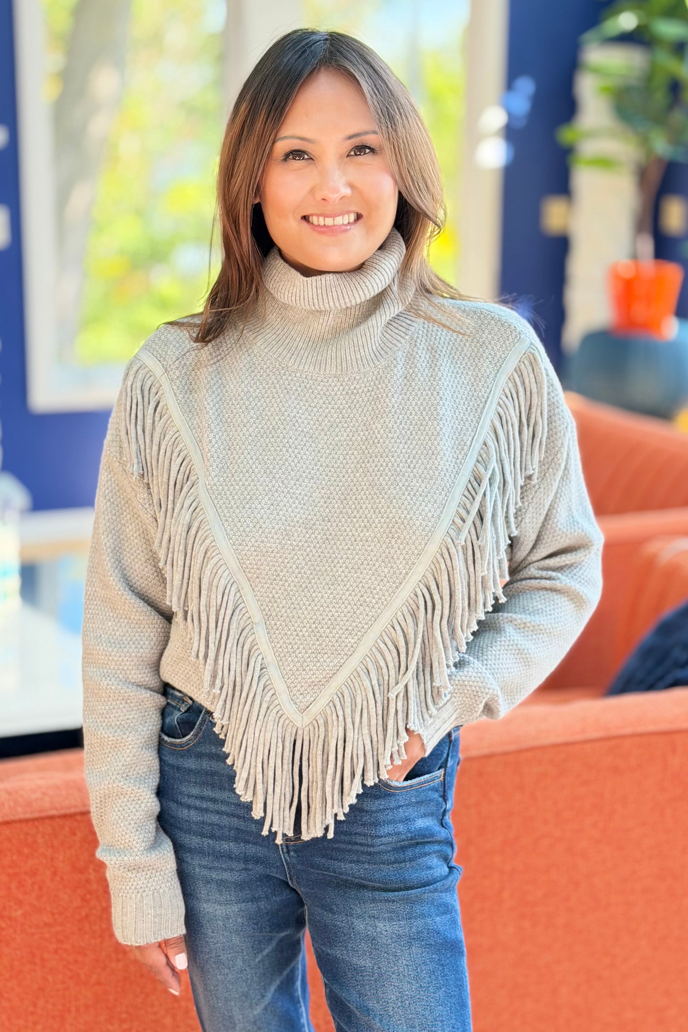 Western Fringe Knit Sweater - Grey