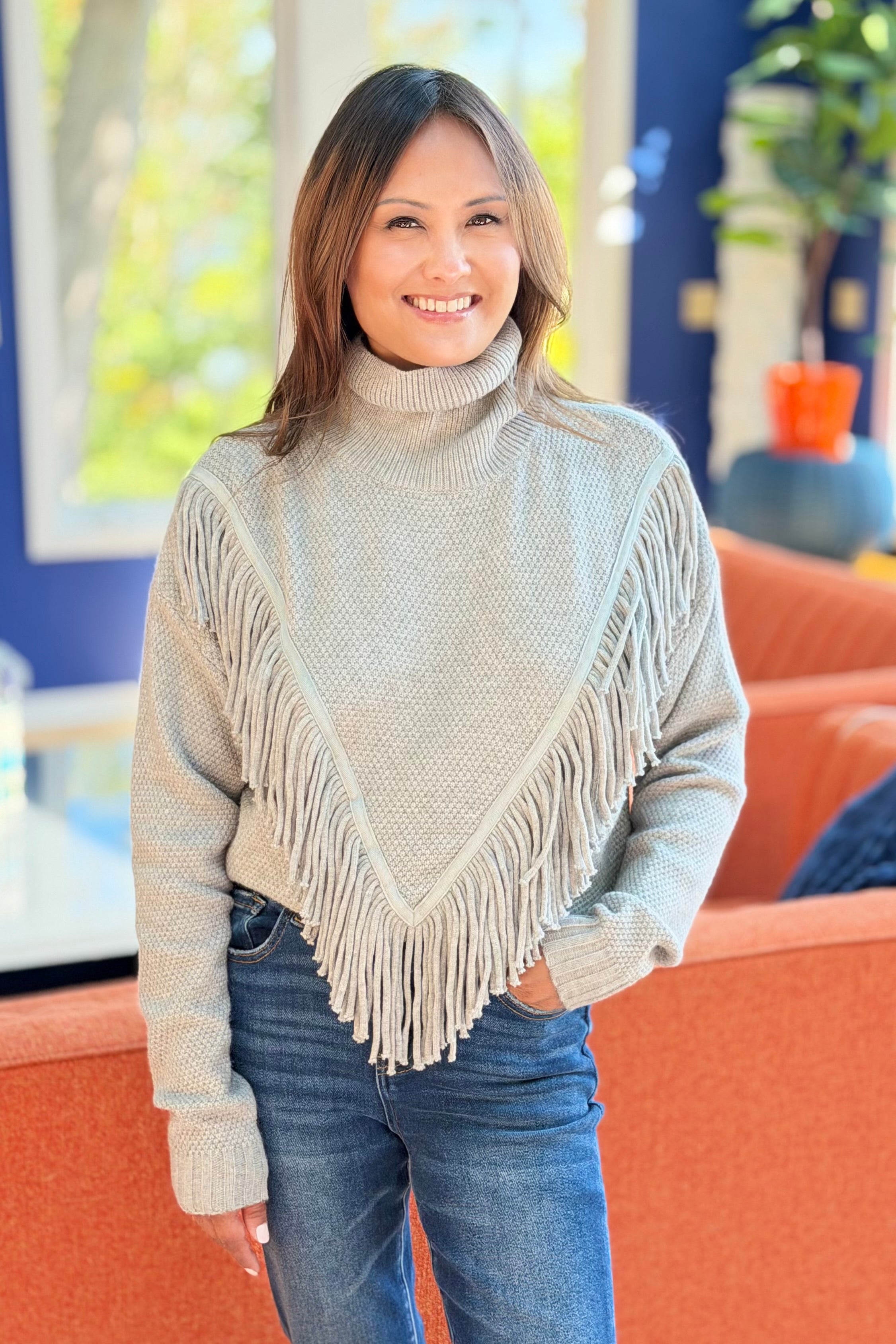 Western Fringe Knit Sweater - Grey