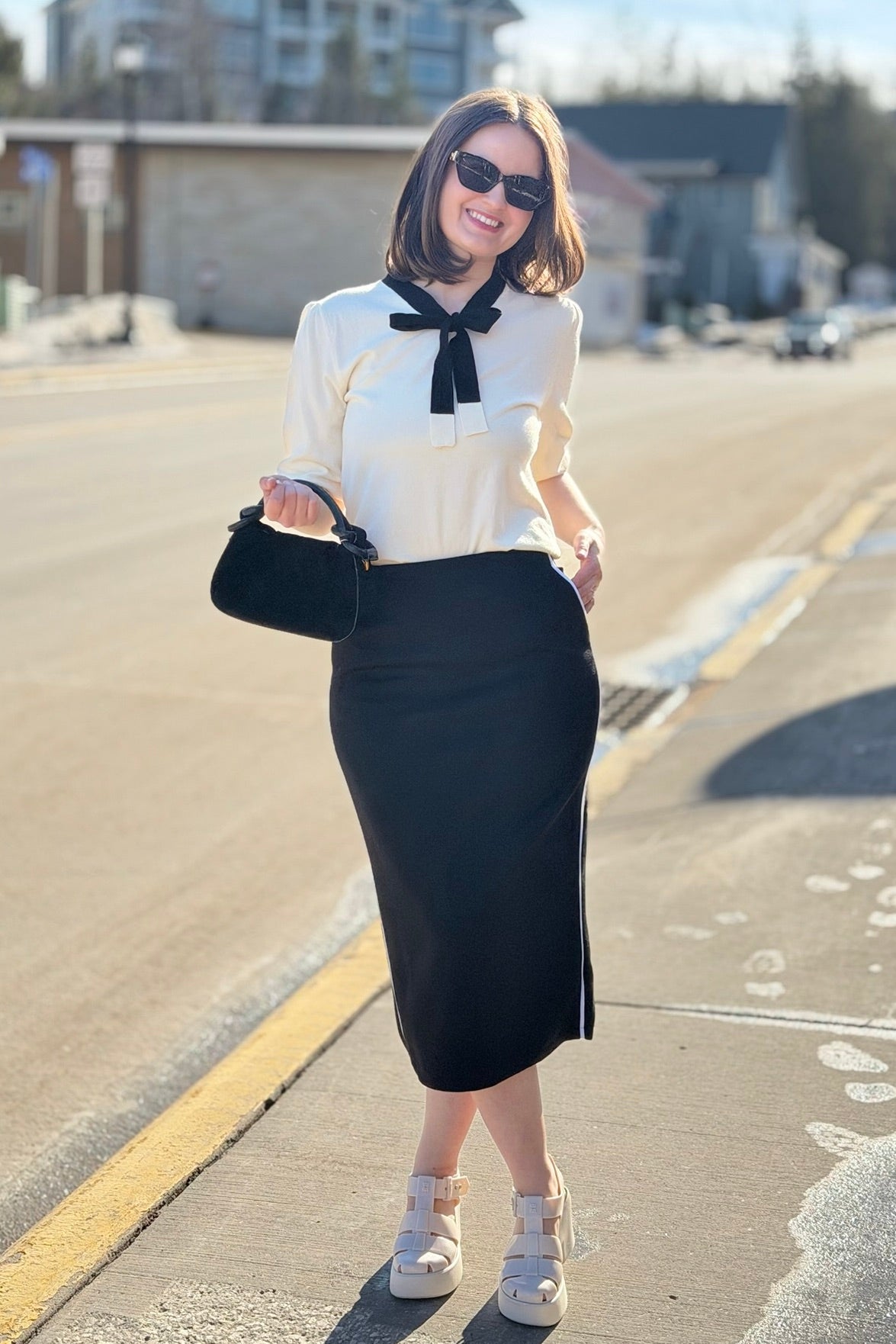 Side Stripe Knit Midi Skirt - Black