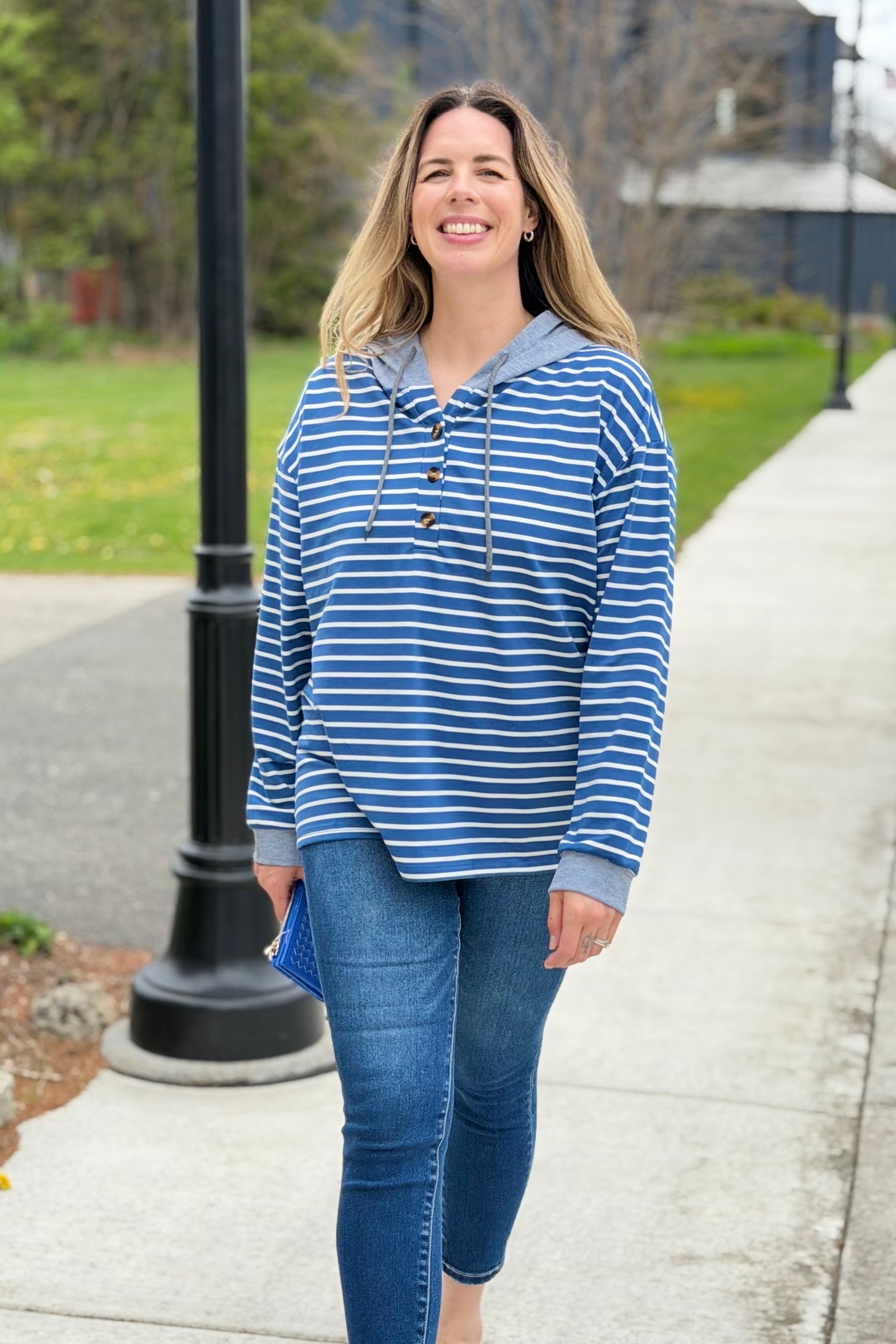 Striped Hooded Sweatshirt - Blue