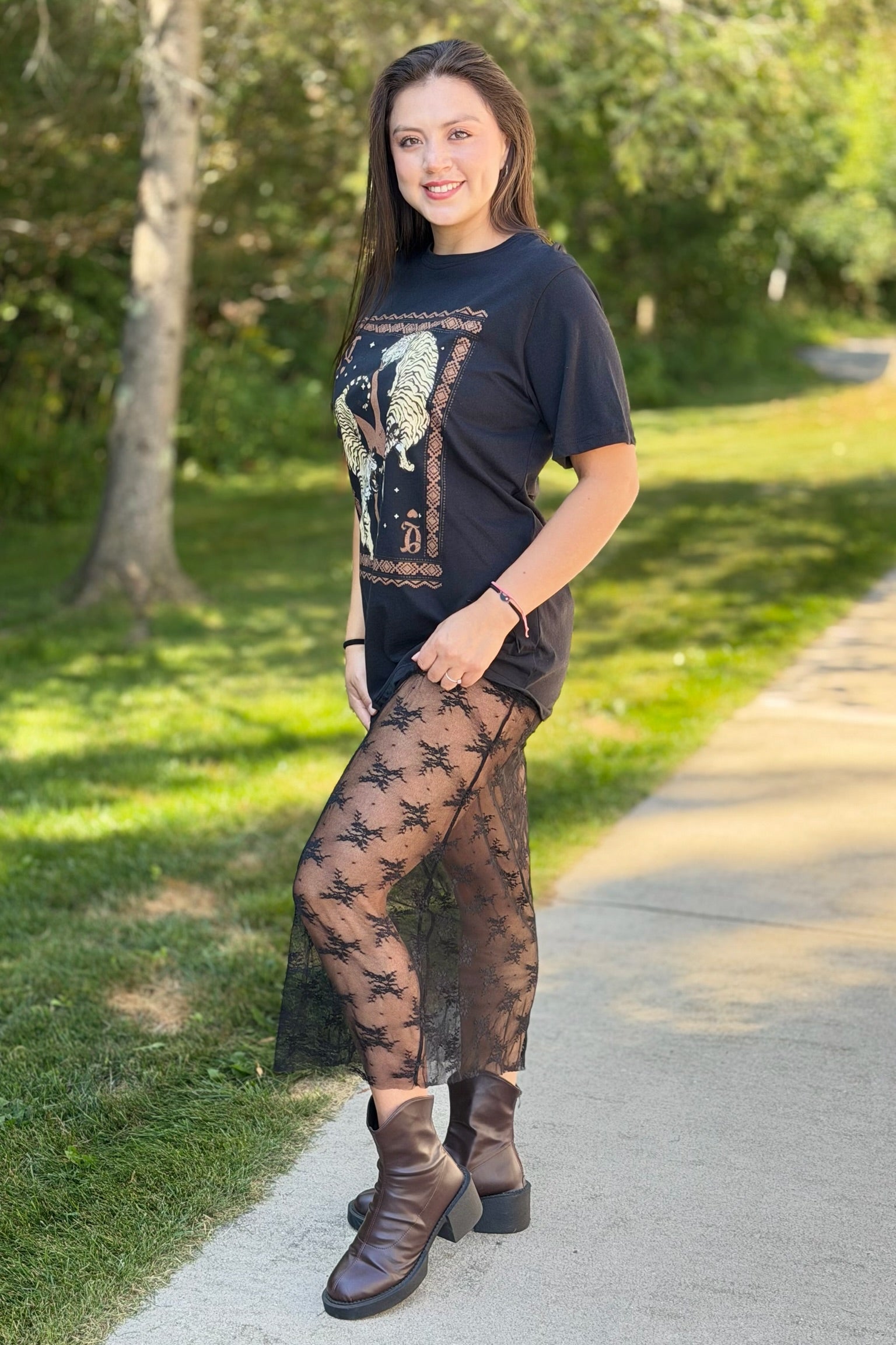 Vintage Tigers Lace Tee Dress - Black