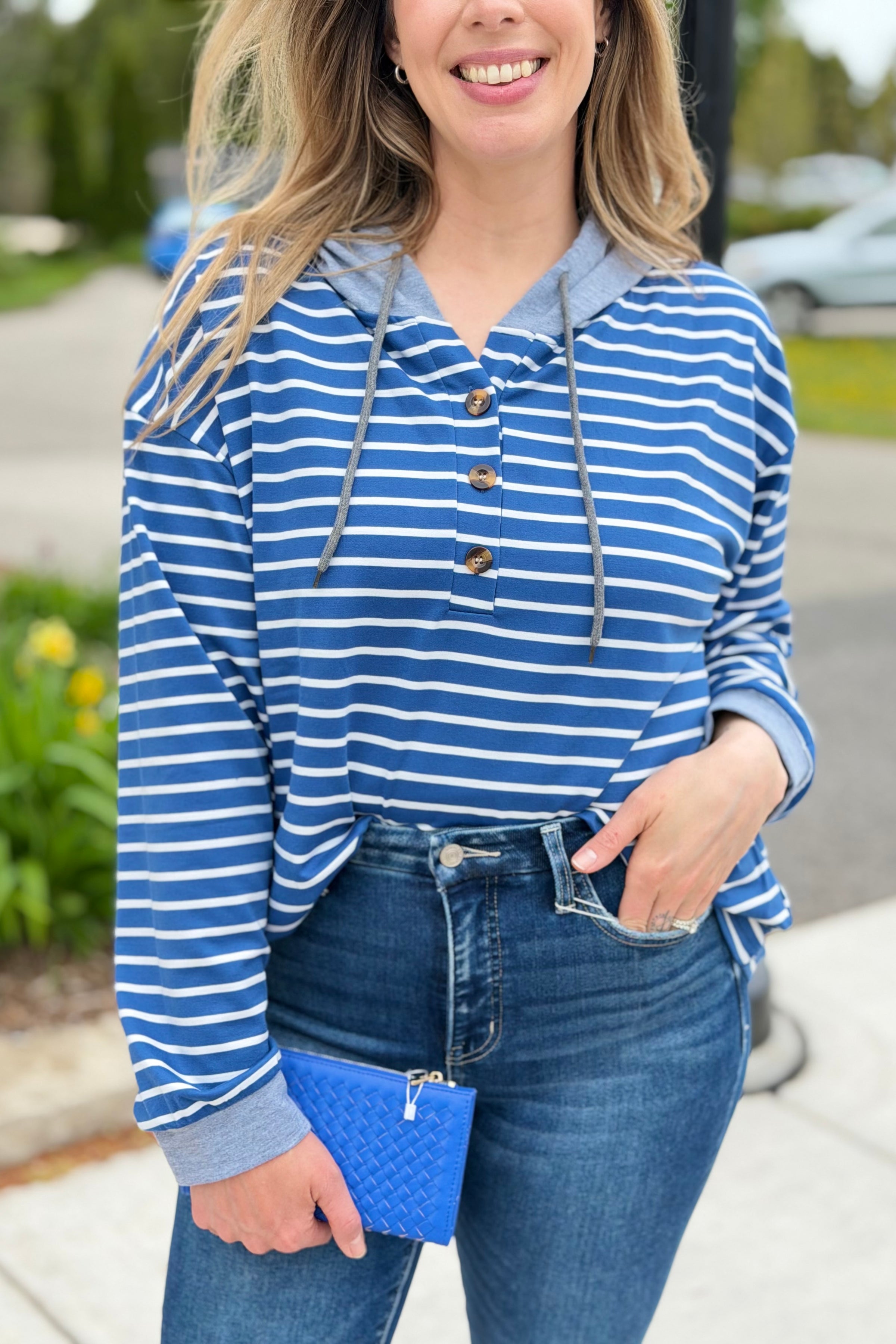Striped Hooded Sweatshirt - Blue