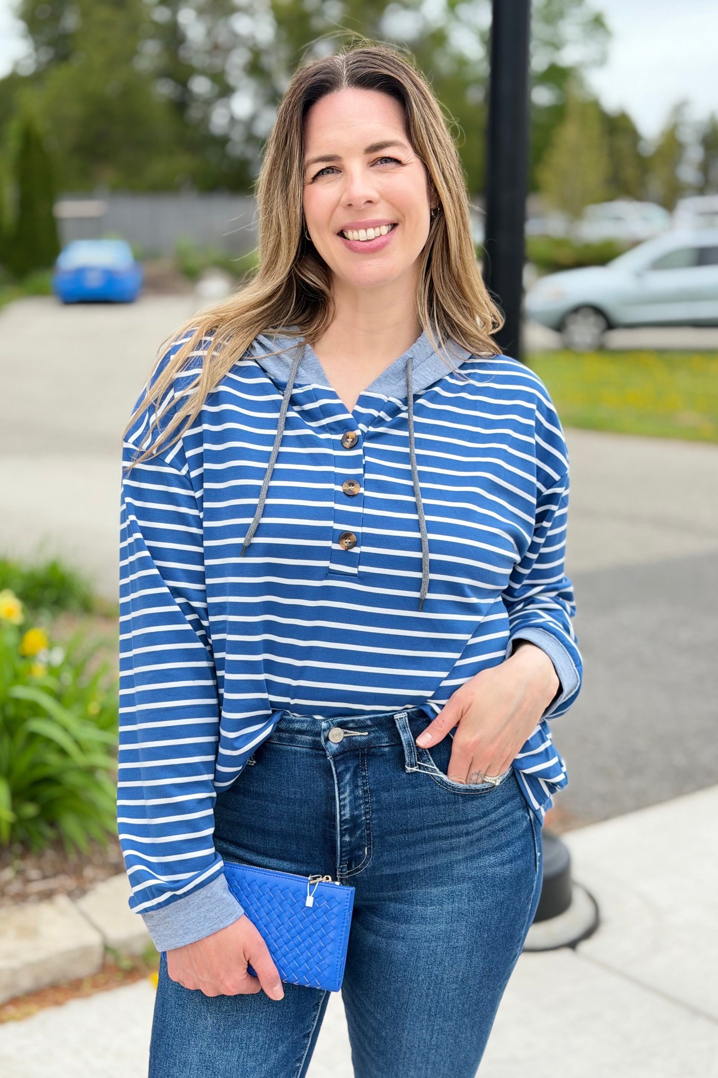 Striped Hooded Sweatshirt - Blue