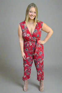 Sleeveless Floral Jumpsuit - Red