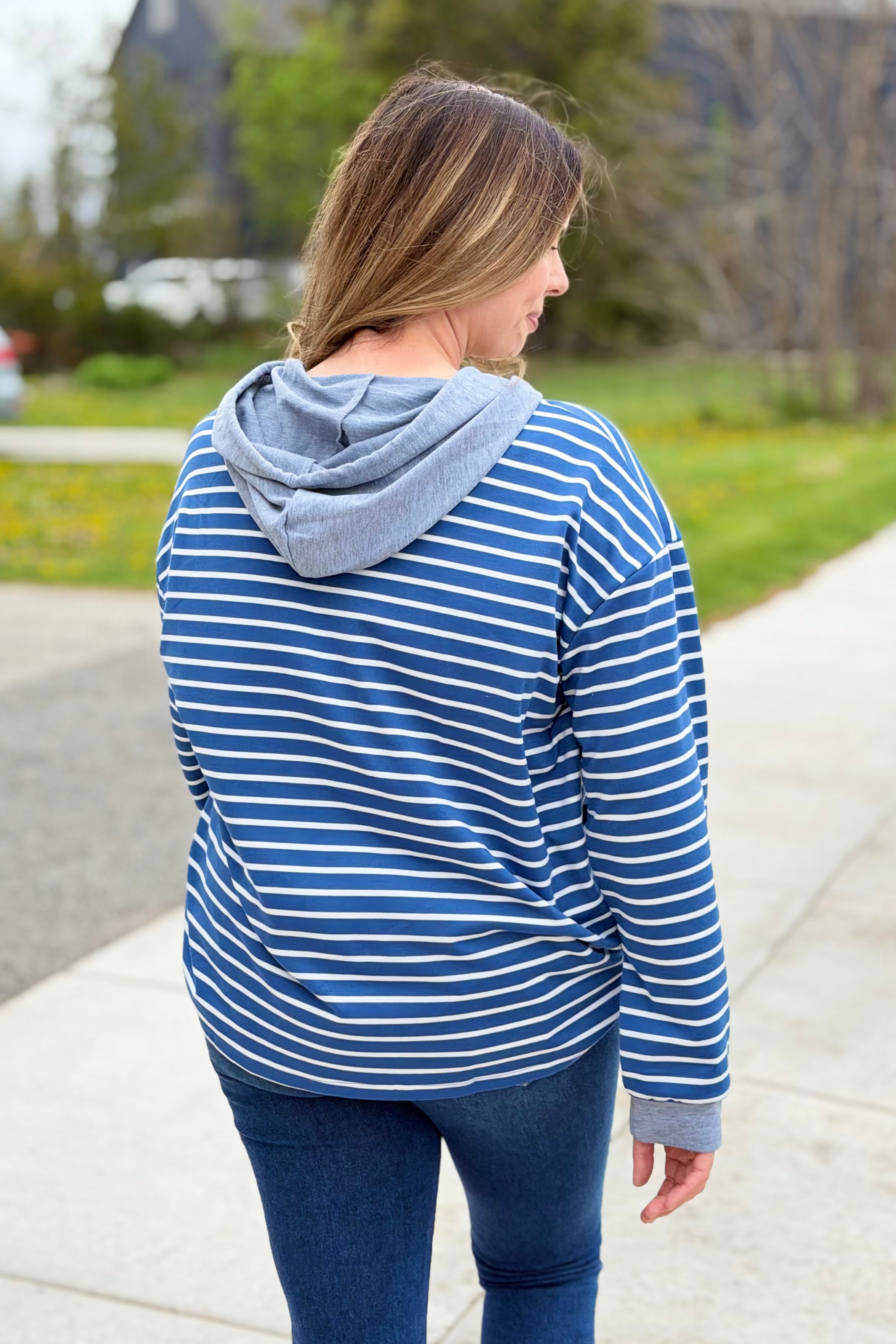 Striped Hooded Sweatshirt - Blue