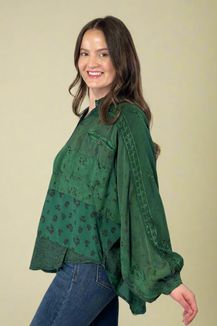 Embroidered Multi Print Loose Top Green