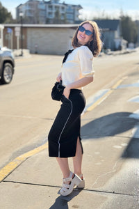 Side Stripe Knit Midi Skirt - Black