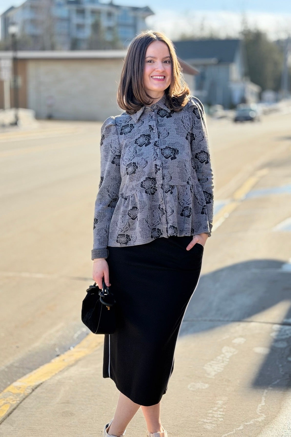 Floral Ruffle Bottom Top - Gray