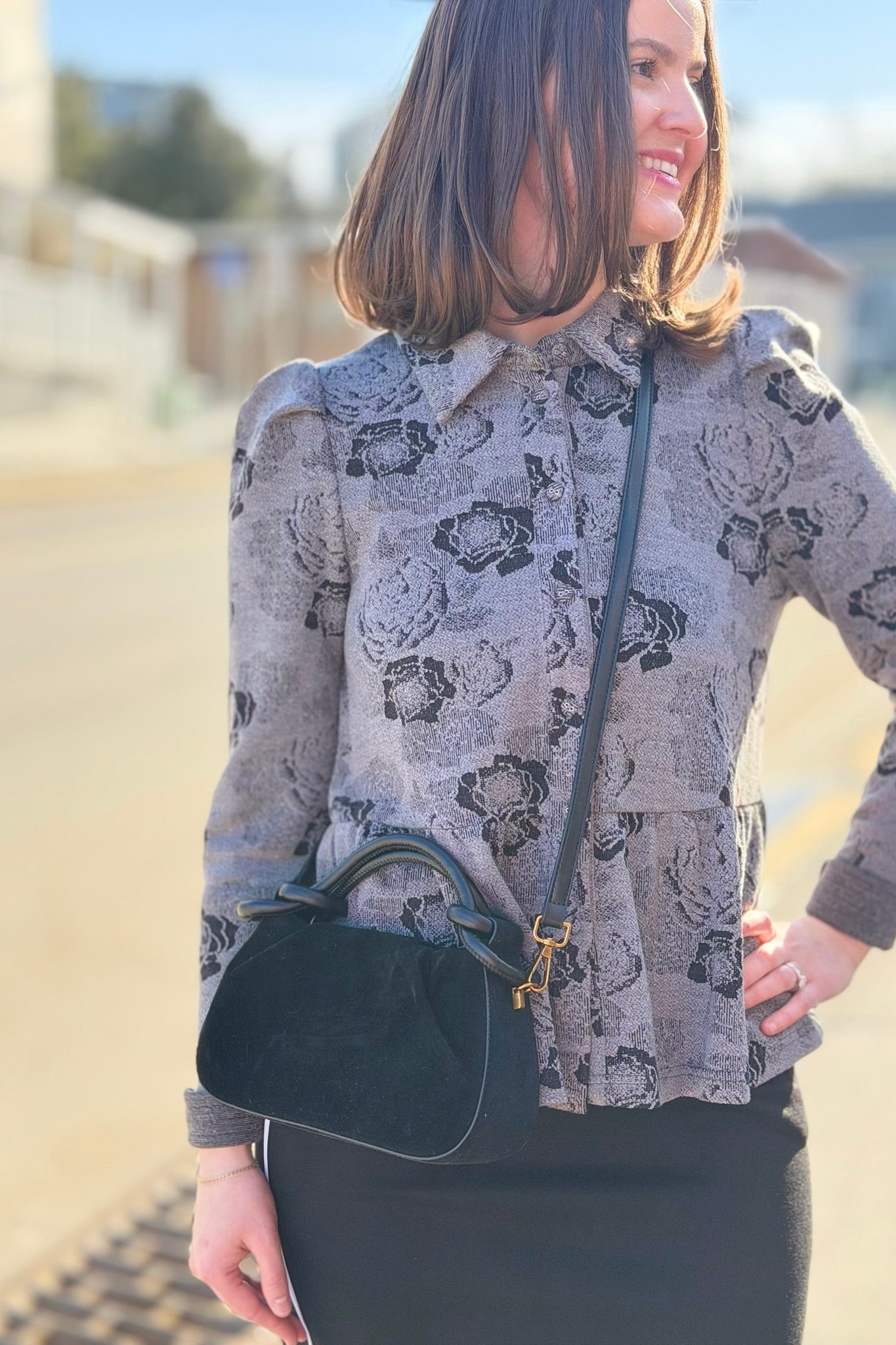 Floral Ruffle Bottom Top - Gray