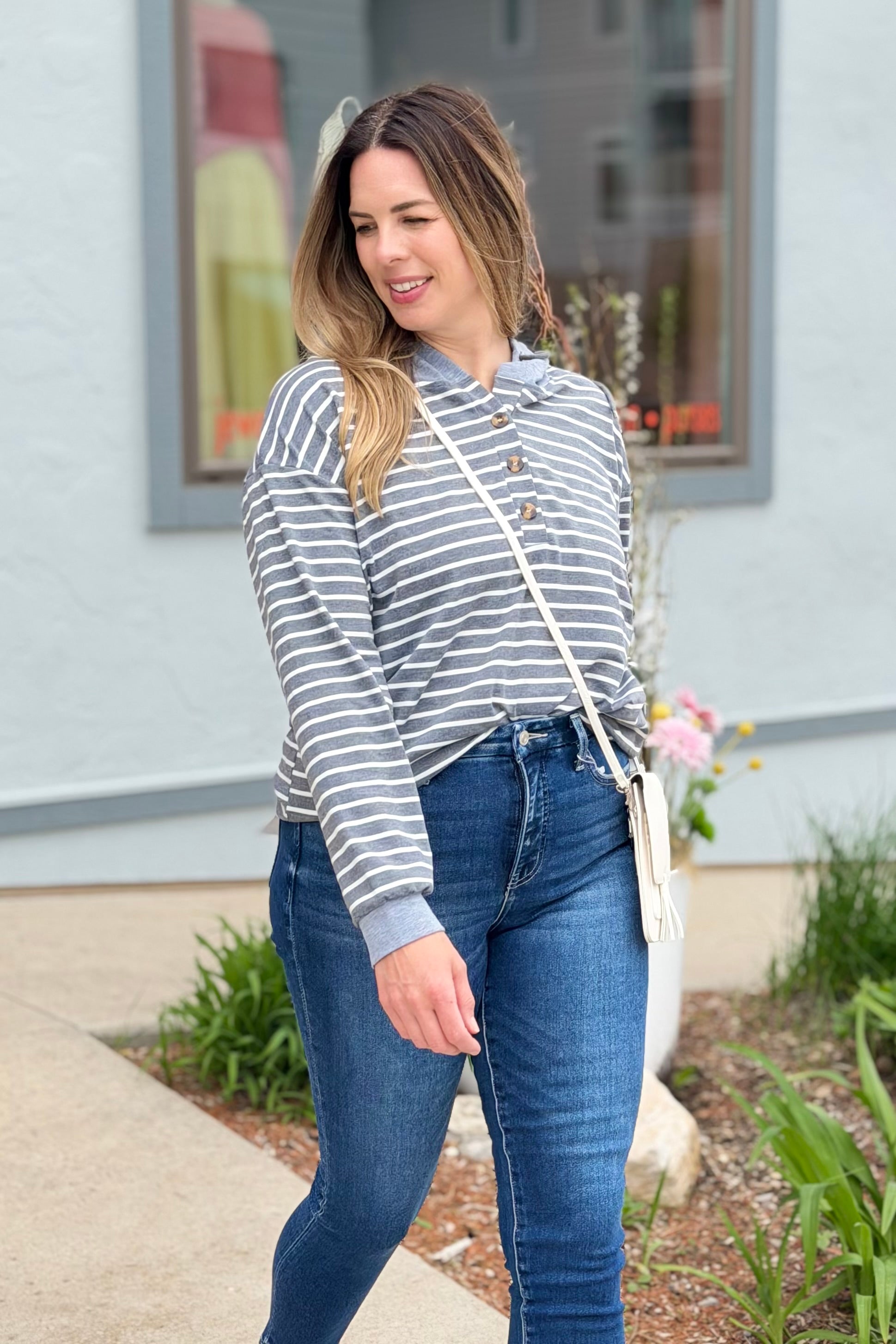 Striped Hooded Sweatshirt - Dark Grey