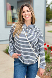 Striped Hooded Sweatshirt - Dark Grey