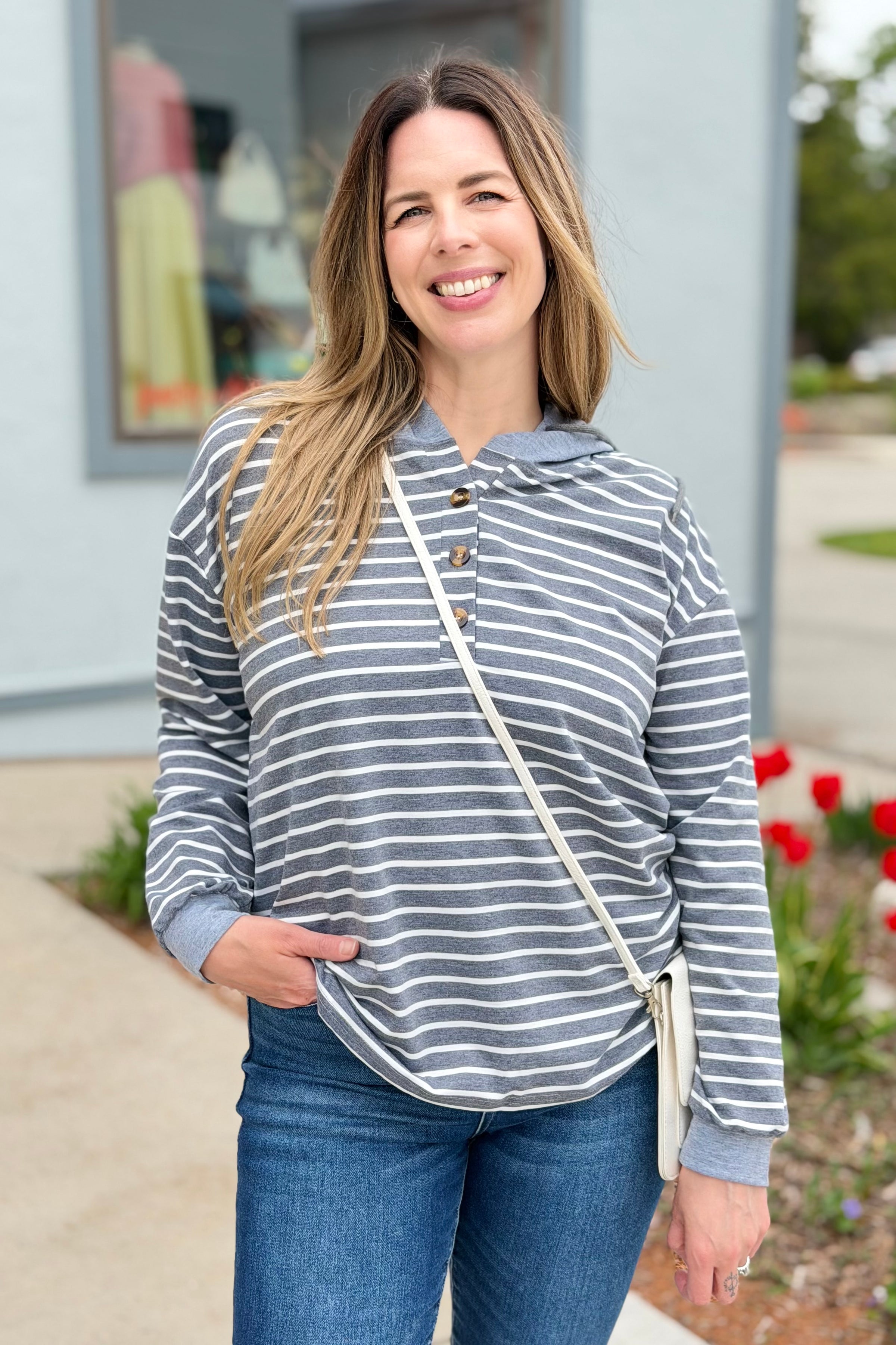 Striped Hooded Sweatshirt - Dark Grey