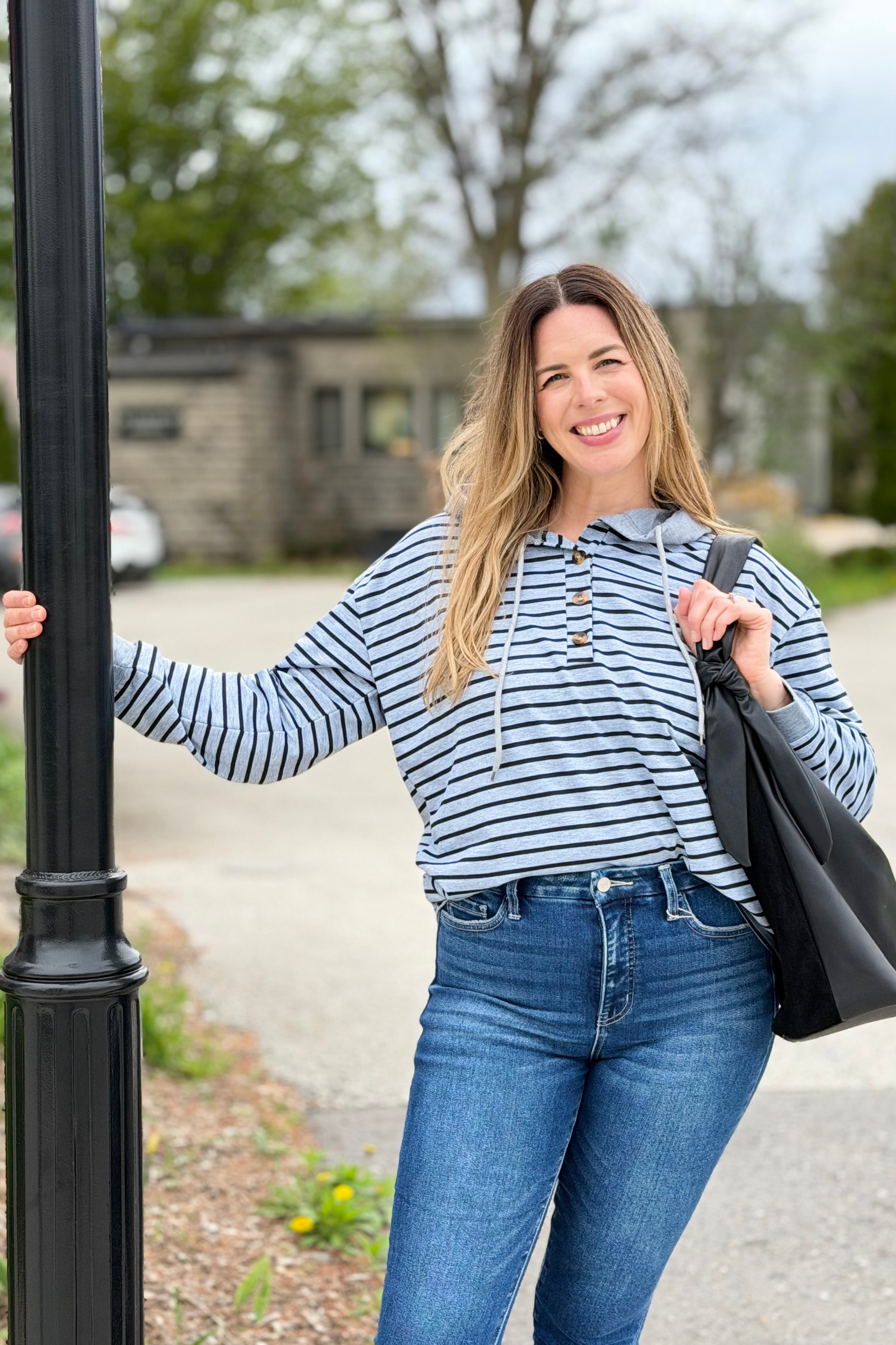 Striped Hooded Sweatshirt - Light Grey