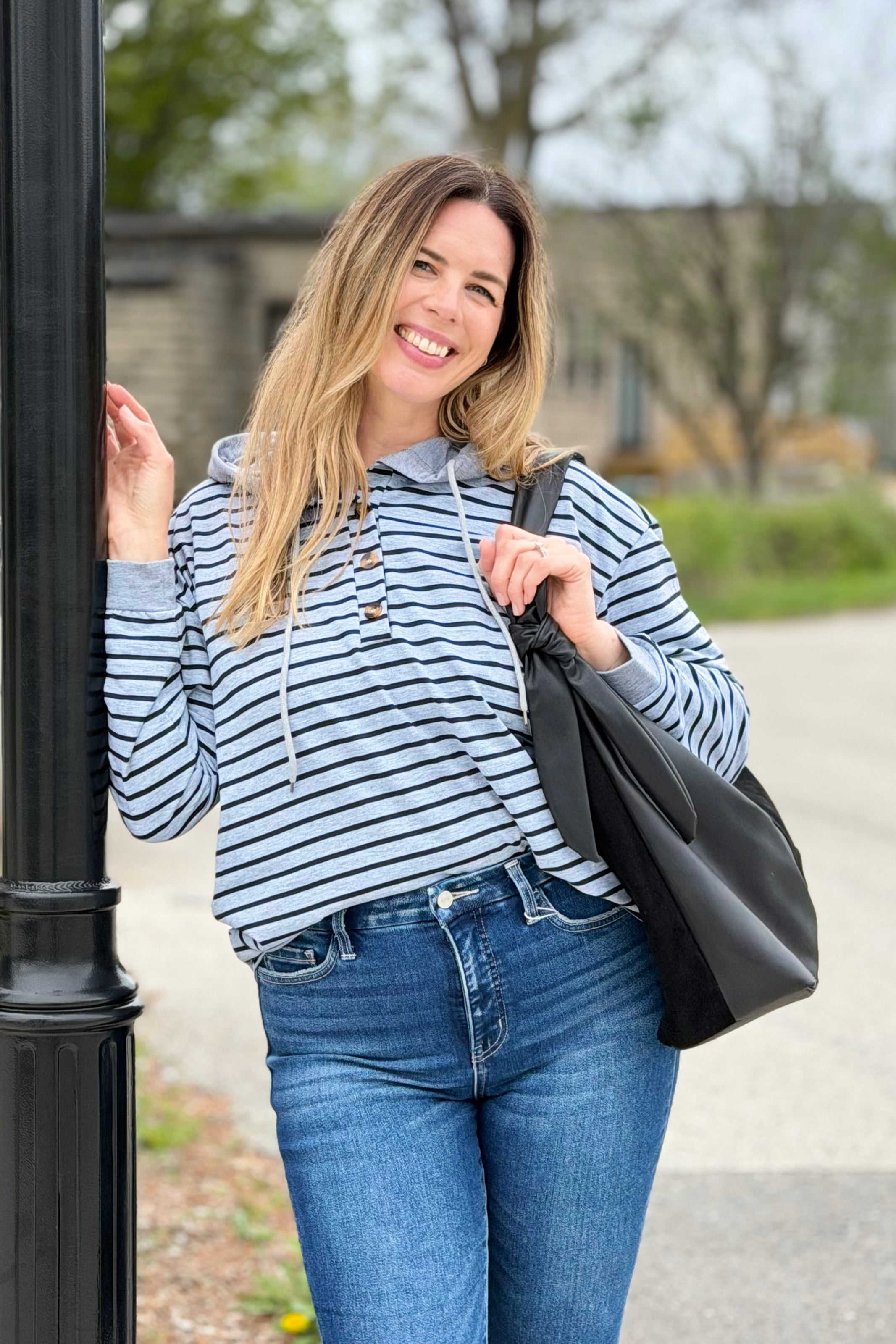Striped Hooded Sweatshirt - Light Grey