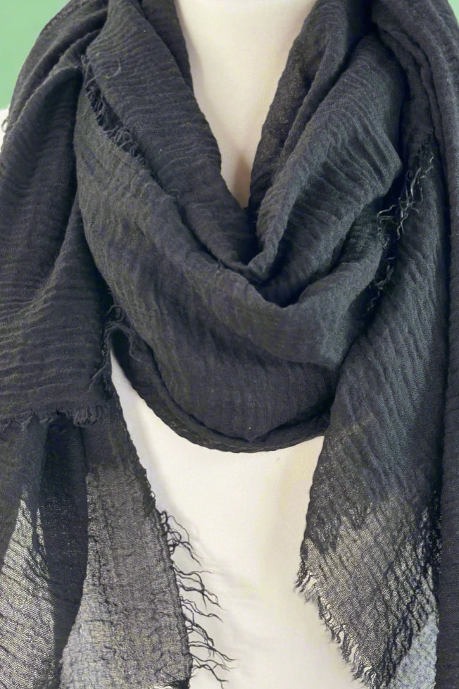 Solid Wavy Black Fringe Scarf