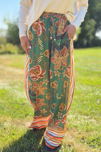 Border Print Wide Leg Pants - Green
