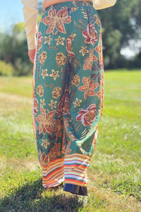 Border Print Wide Leg Pants - Green