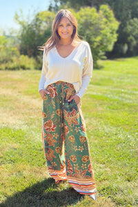 Border Print Wide Leg Pants - Green
