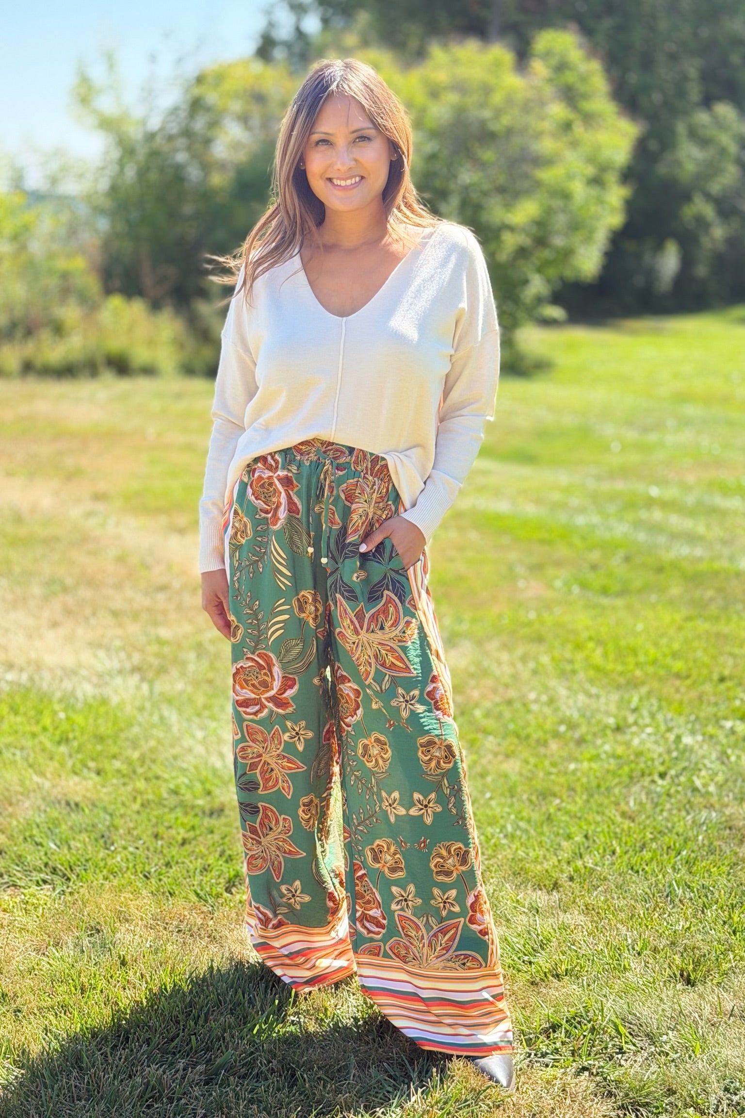Border Print Wide Leg Pants - Green