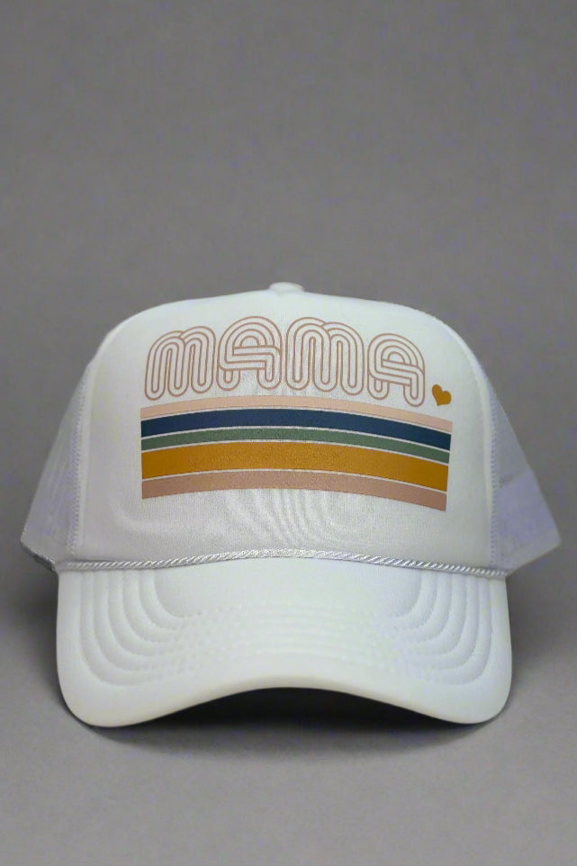 white foam front trucker hat with "MAMA" printed across the front.