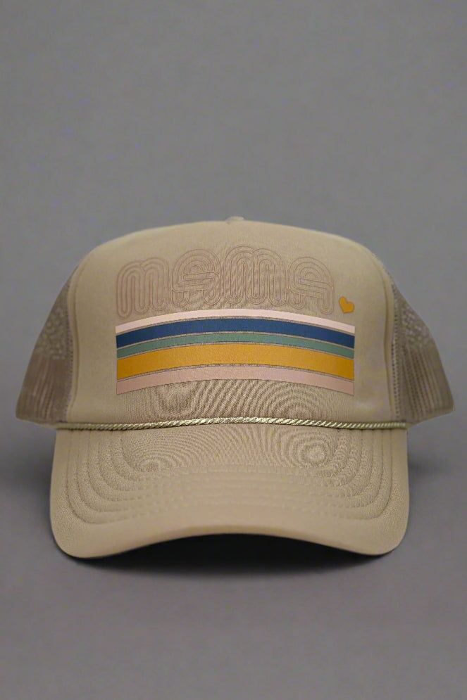 white foam front trucker hat with "MAMA" printed across the front.