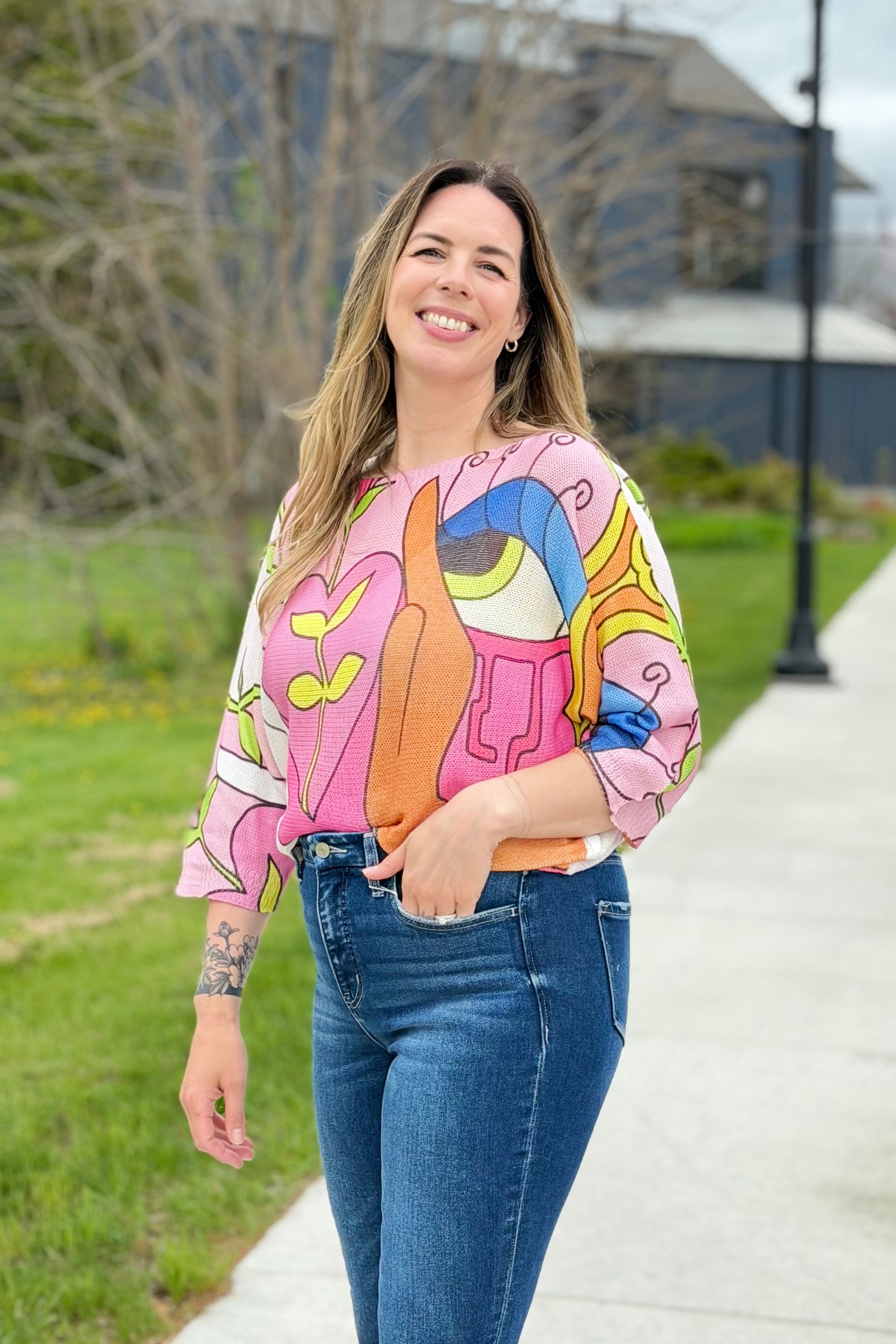 Eupin Floral Round Neck Knit Printed Sweater