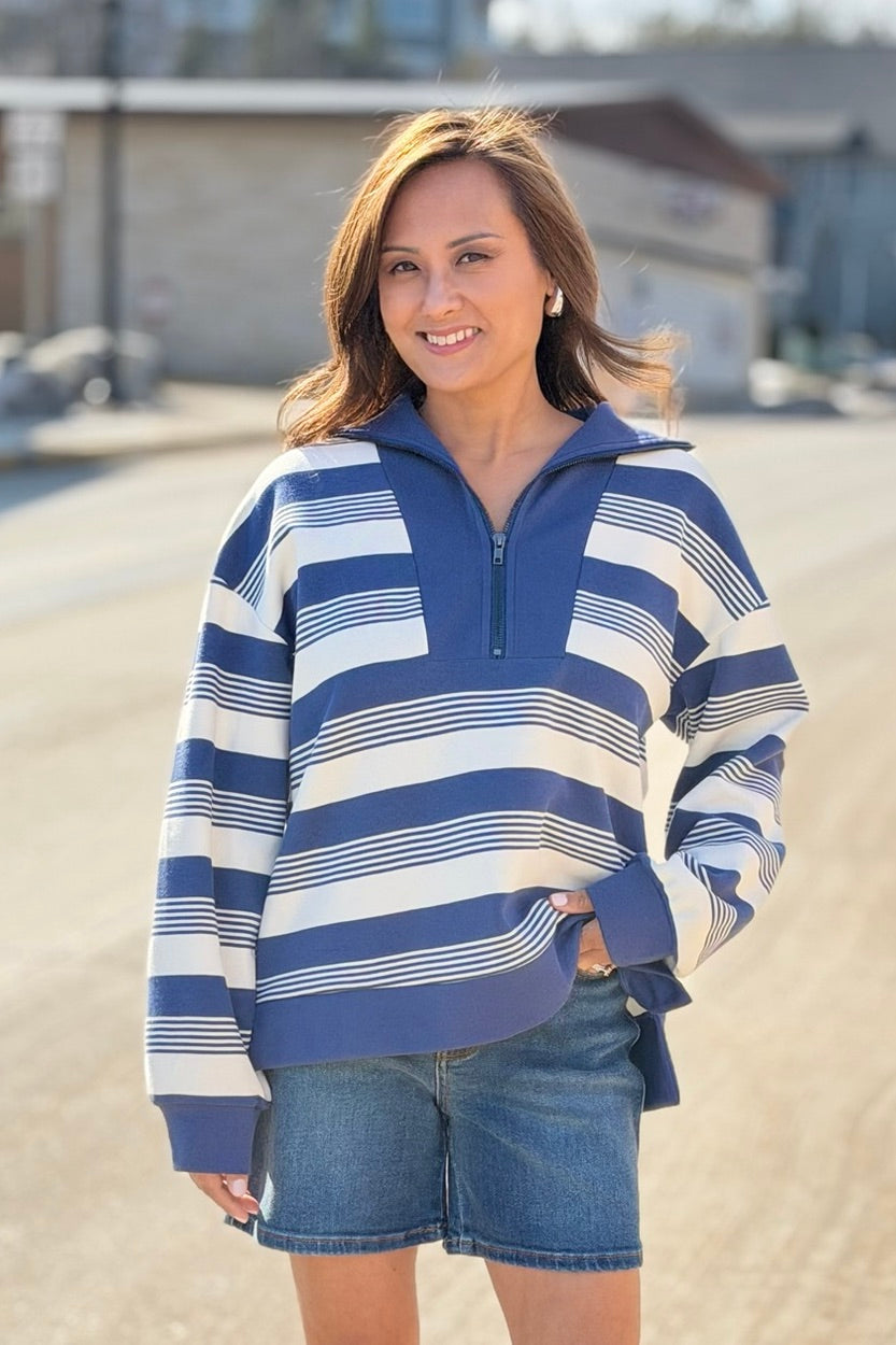 Striped Half Zip Top - Denim