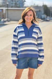 Striped Half Zip Top - Denim