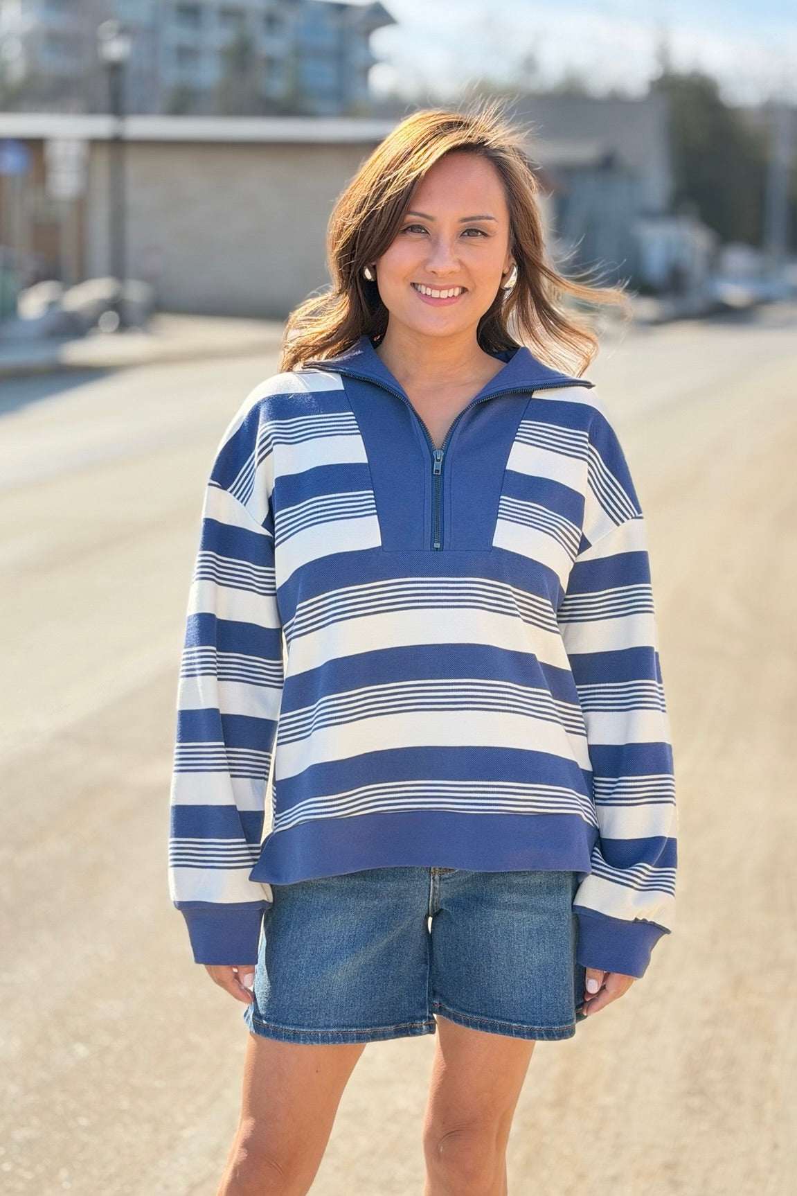 Striped Half Zip Top - Denim
