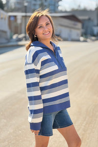 Striped Half Zip Top - Denim