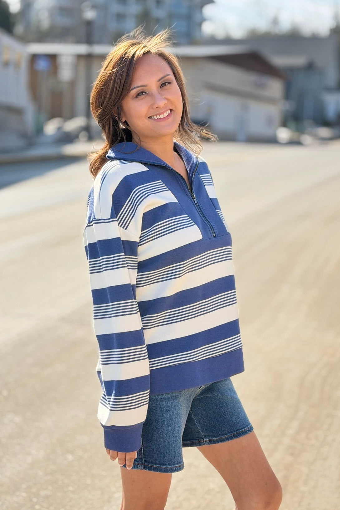 Striped Half Zip Top - Denim