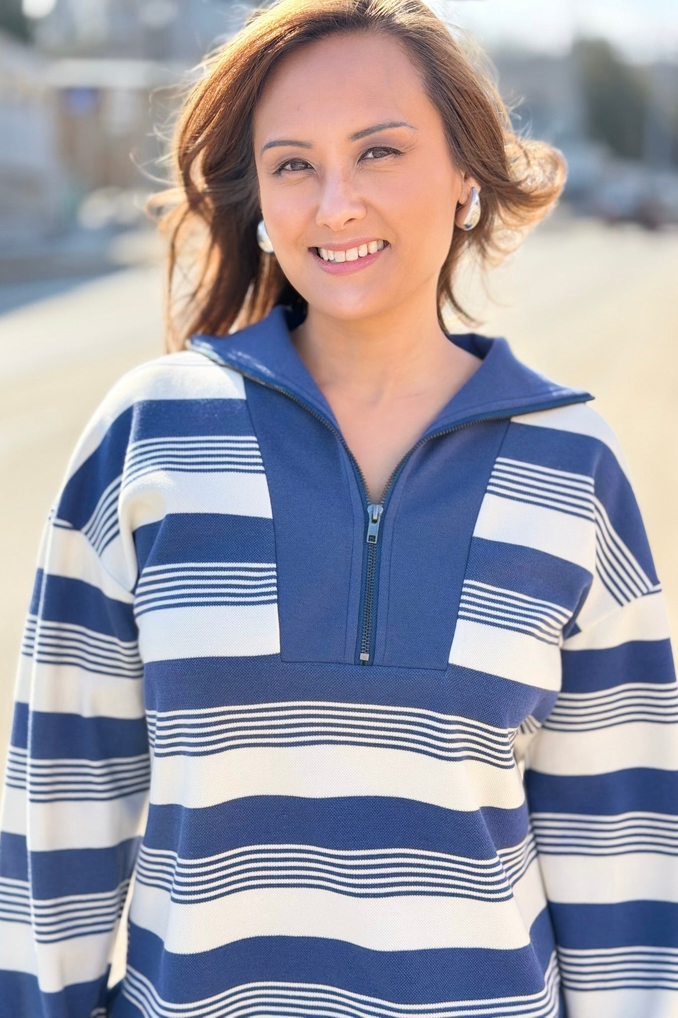 Striped Half Zip Top - Denim