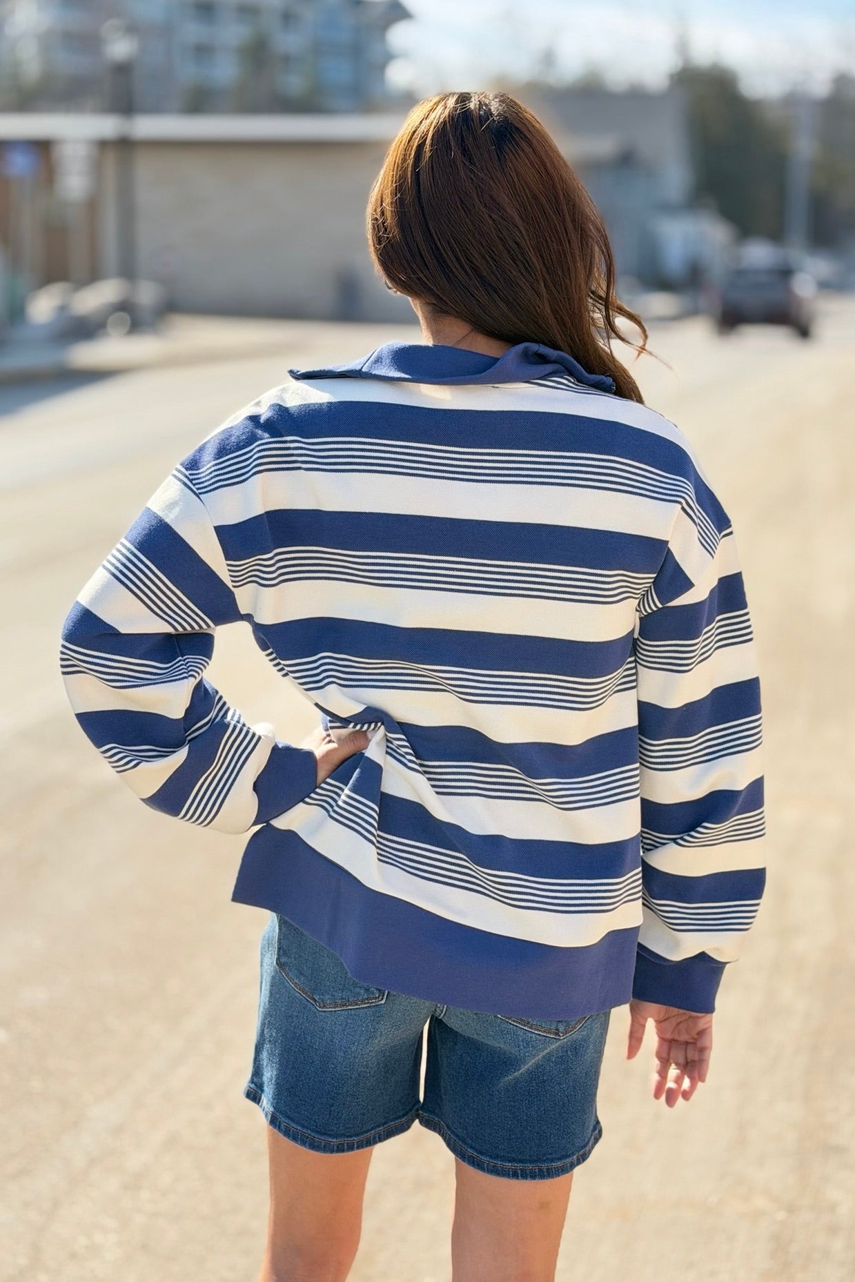 Striped Half Zip Top - Denim