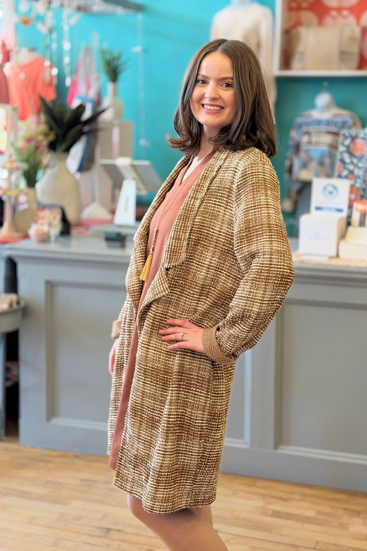 Open Front Midi Blazer - Mocha