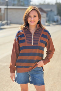 Striped Half Zip Up Top - Navy