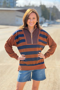 Striped Half Zip Up Top - Navy