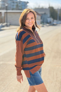 Striped Half Zip Up Top - Navy