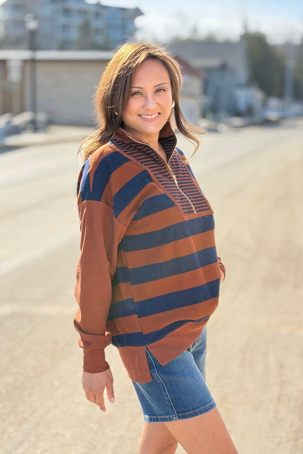 Striped Half Zip Up Top - Navy