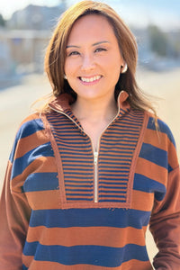 Striped Half Zip Up Top - Navy