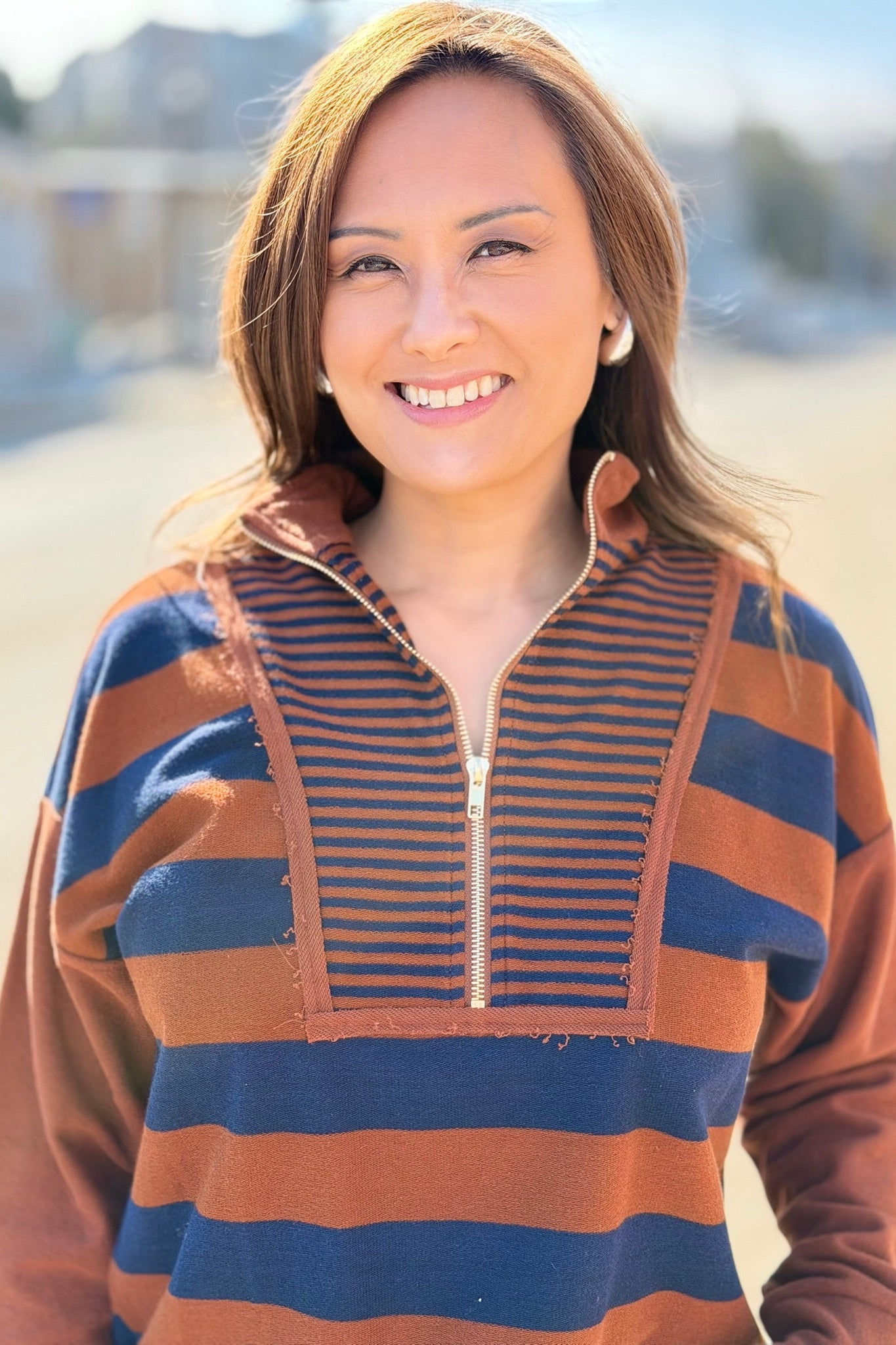 Striped Half Zip Up Top - Navy