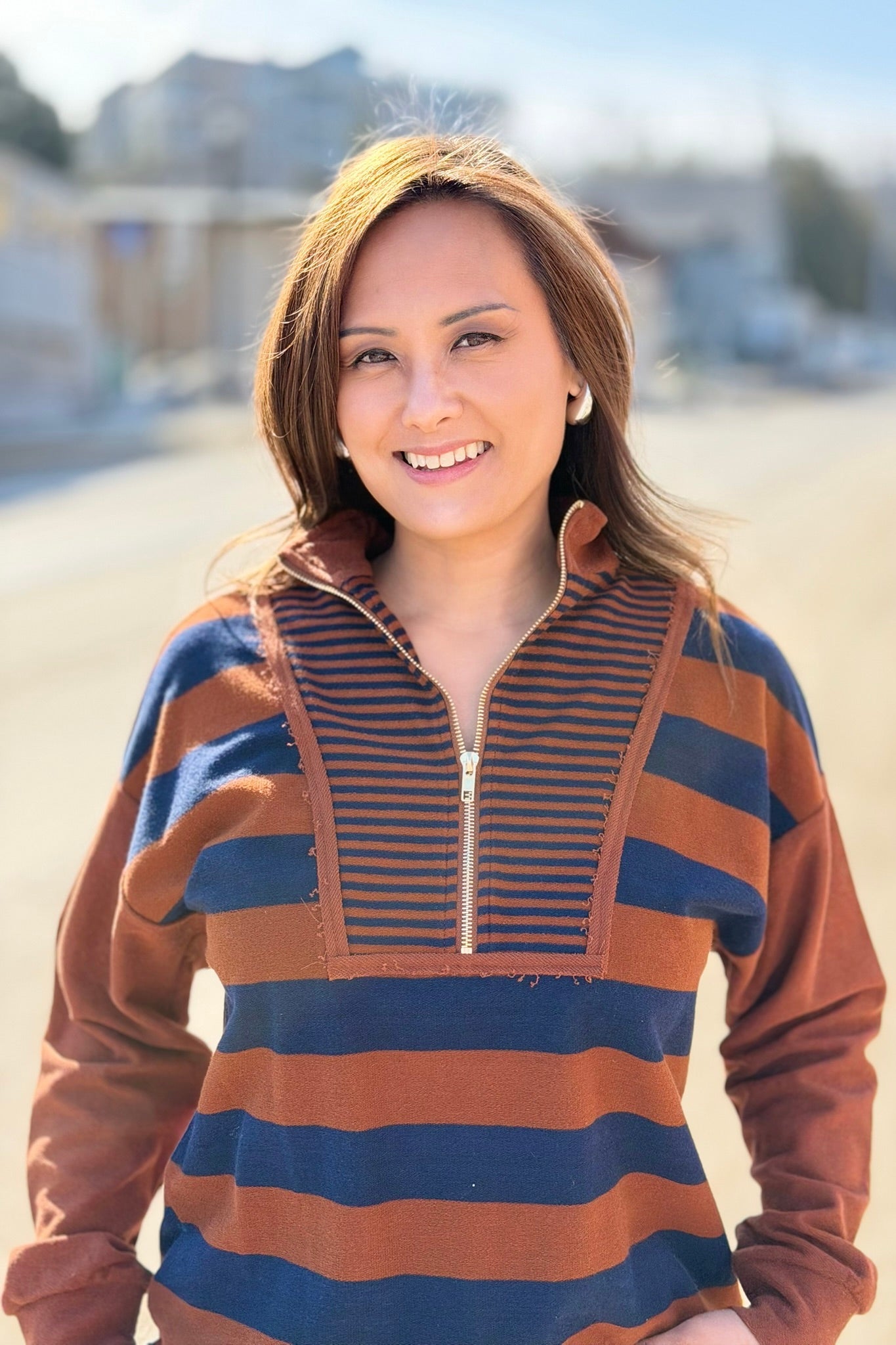 Striped Half Zip Up Top - Navy
